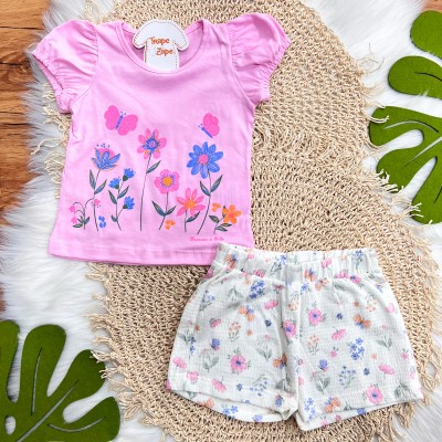 Conj. Blusa Jardim com Borboletas e Short Floral - Rosa